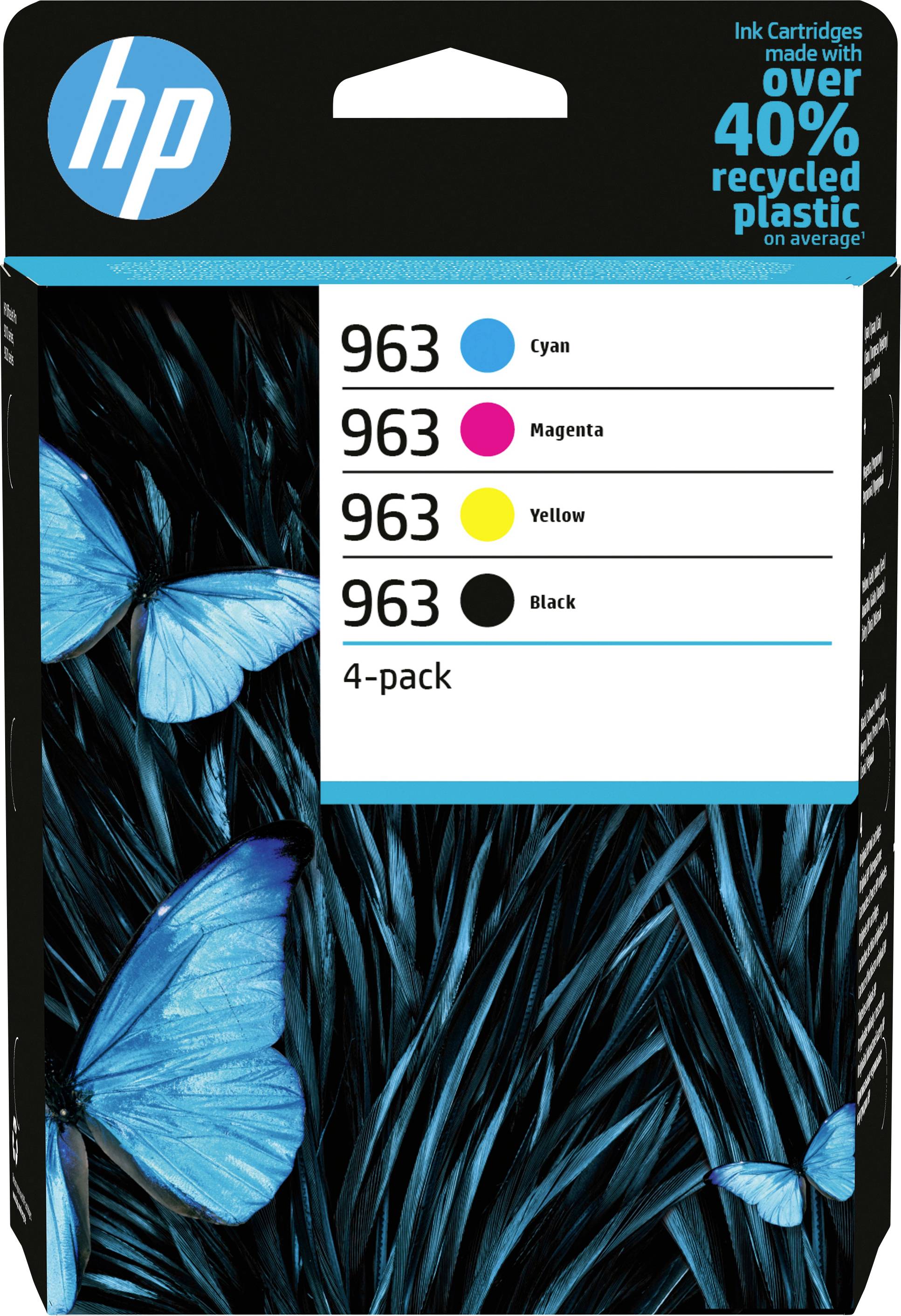 'Ink Cartridges 4-Pack, Colours: Cyan, Magenta, Yellow, Black. Manufactured from over 40% recycled plastic.' Blue butterflies are depicted on the packaging.
