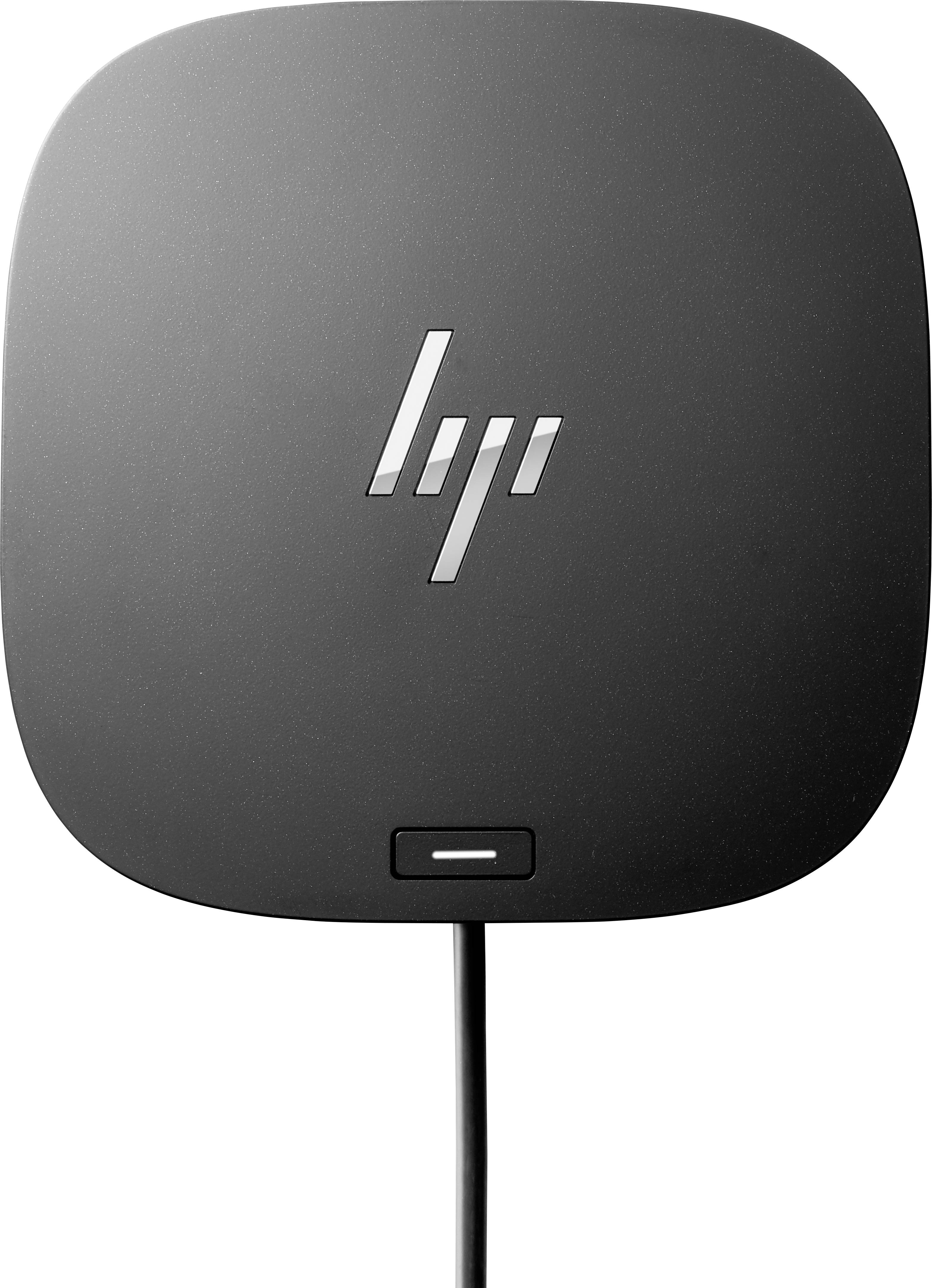 Black HP charger with a glossy logo and attached cable, used for charging devices.