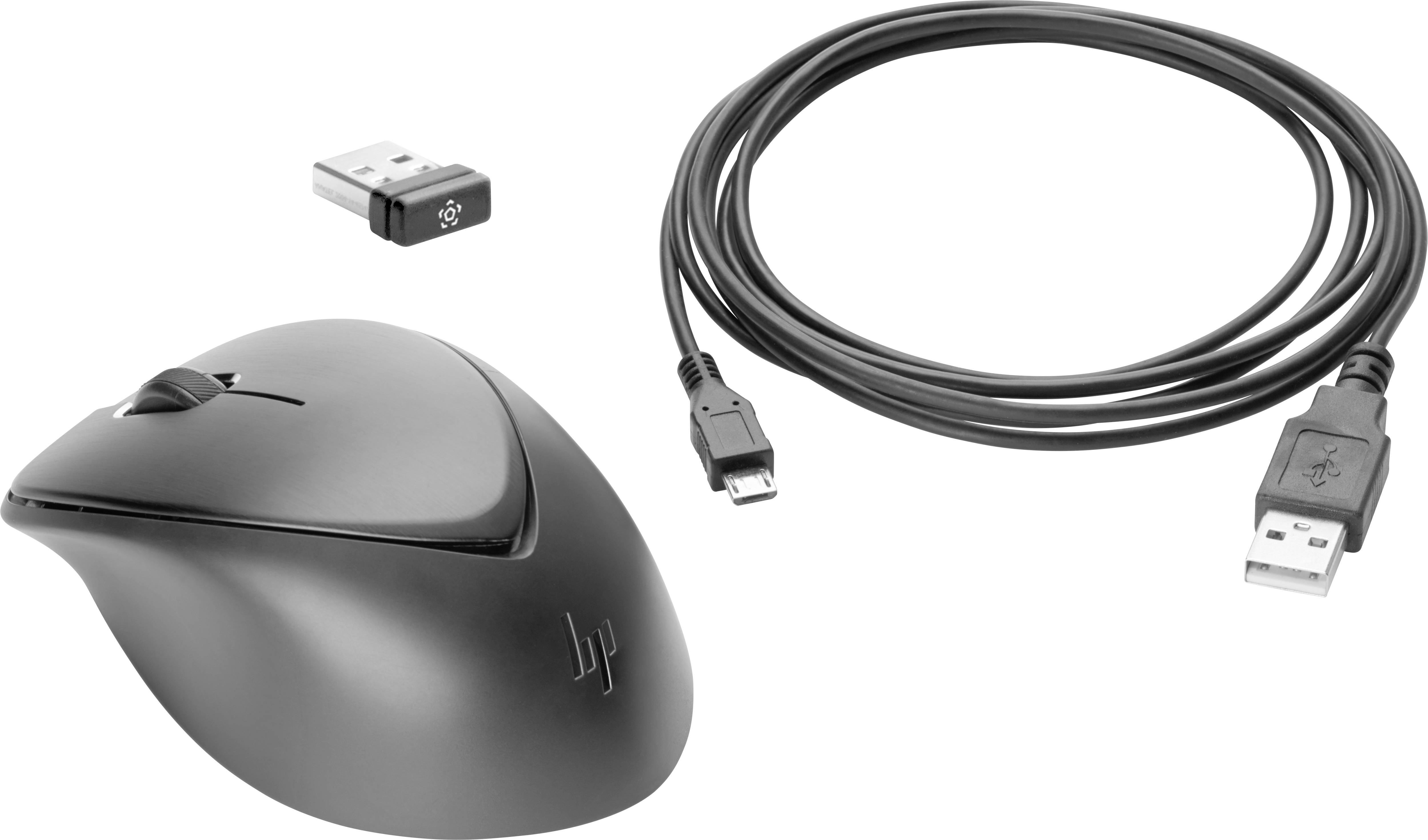 Wireless, black computer mouse with USB receiver and USB charging cable.