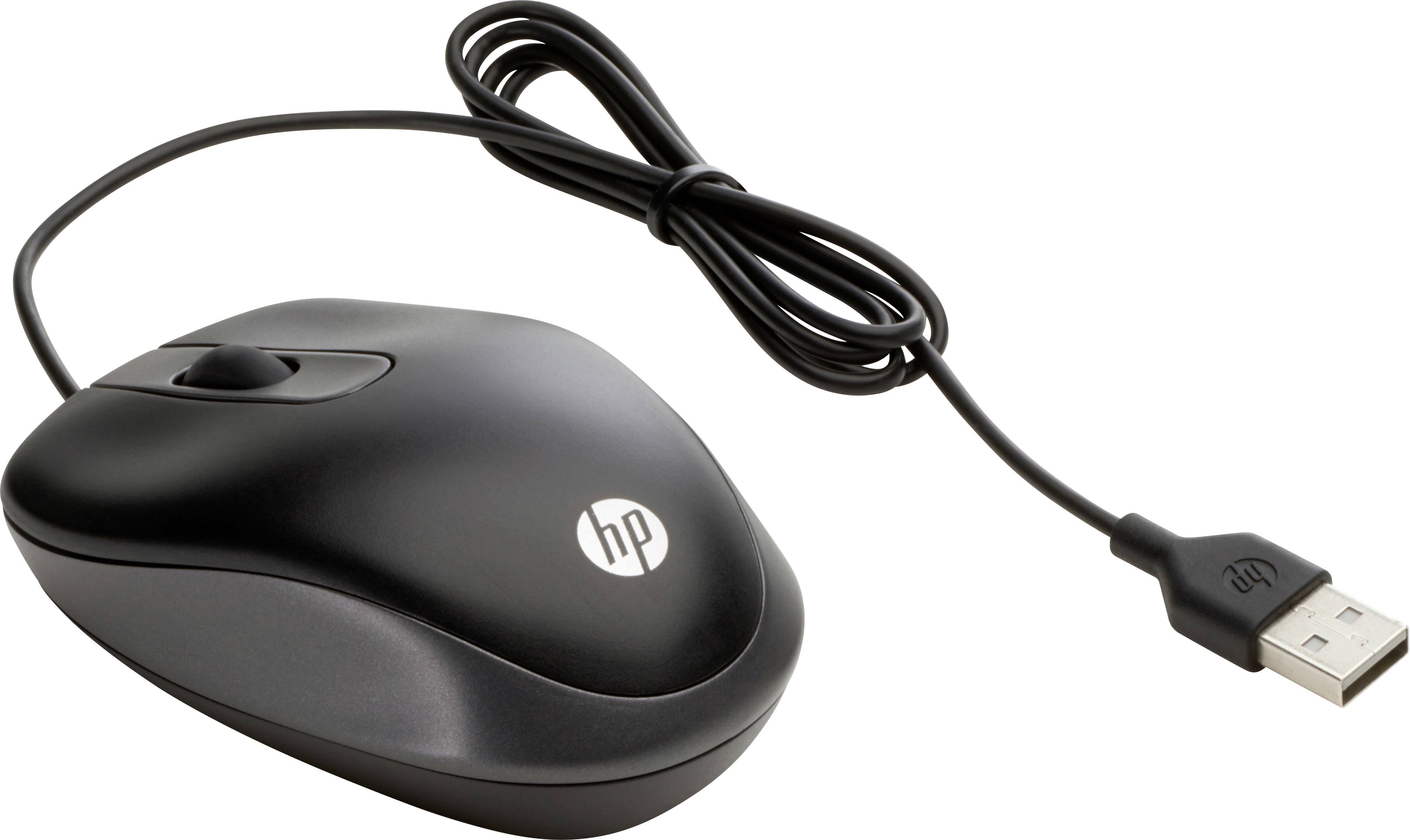 Black wired mouse with USB plug and brand logo printed on it.
