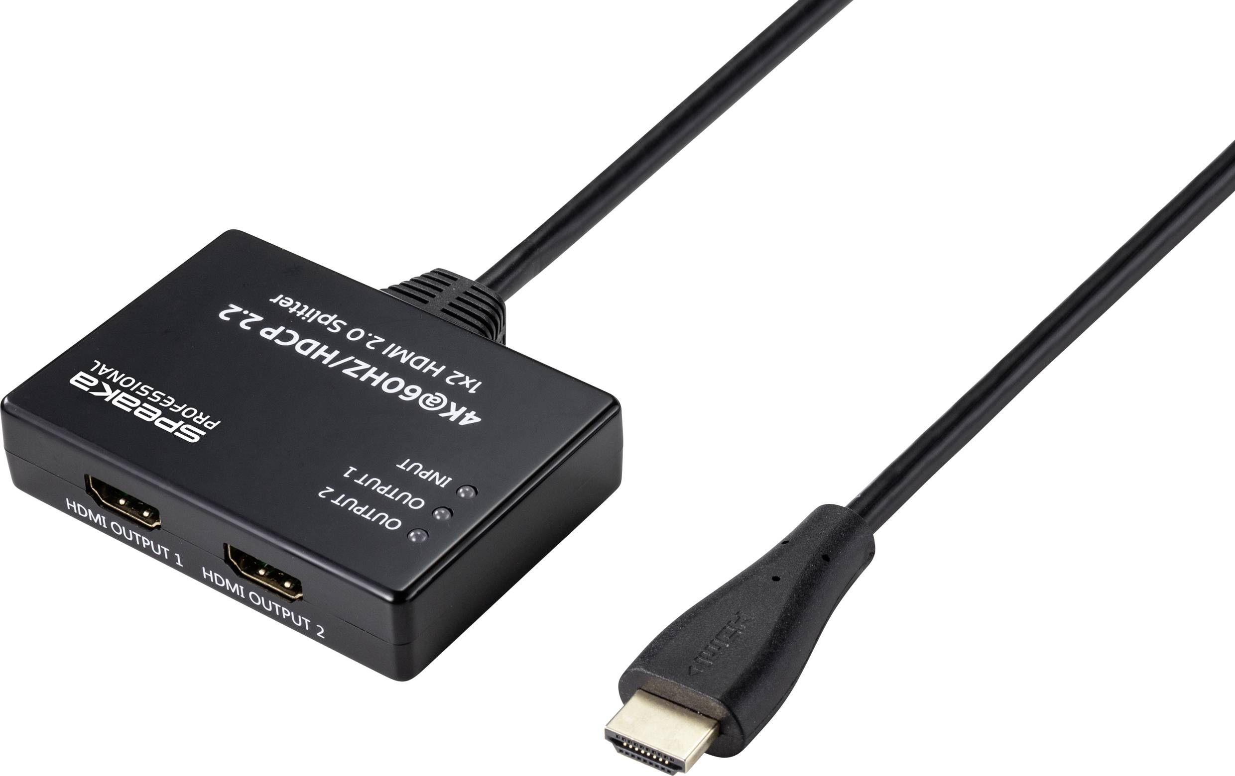 A HDMI splitter with two outputs and one input cable, suitable for 4K60Hz and HDCP 2.2, lies on a white background.