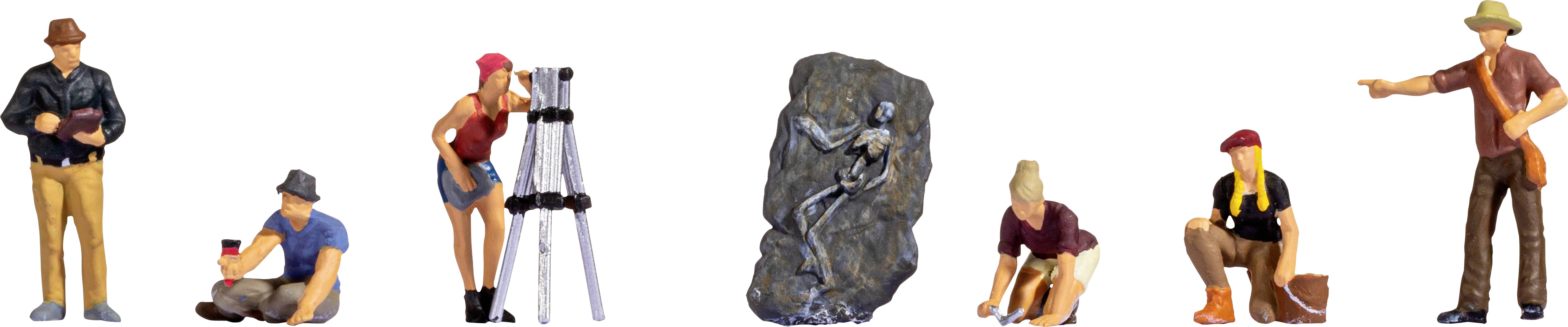 Several figures engaged in archaeological activities, such as surveying and excavating, with a central artefact on a plinth.