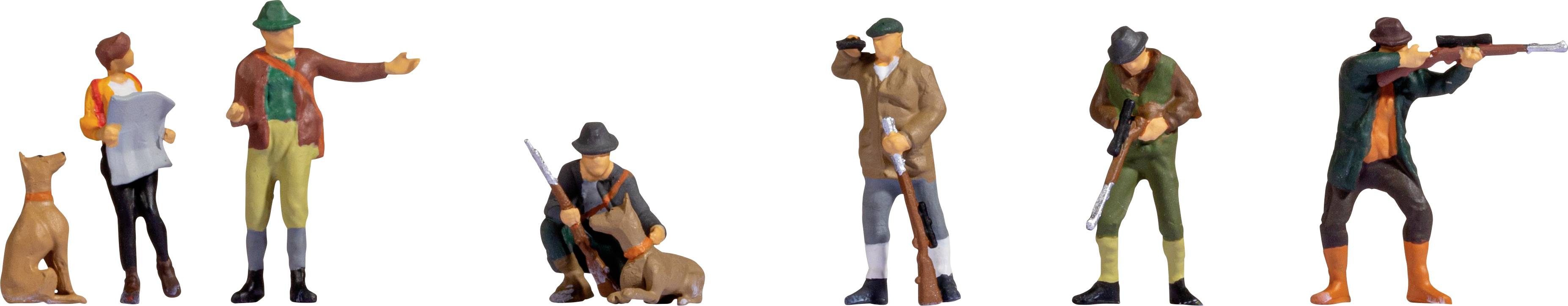 Six figures: A woman with a dog and paper, four men in hunting attire, two with rifles, one with a dog, clear background.