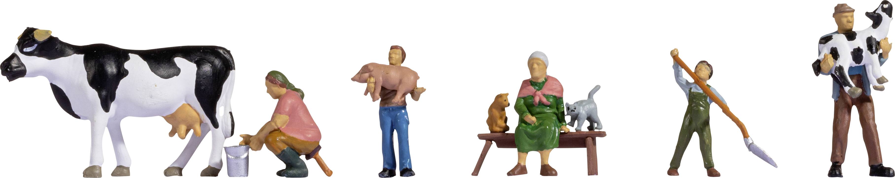 Toy figures of a farmyard scene: cow, milkmaid, farmer with pig, elderly woman with cats, worker with pitchfork, man with calf.