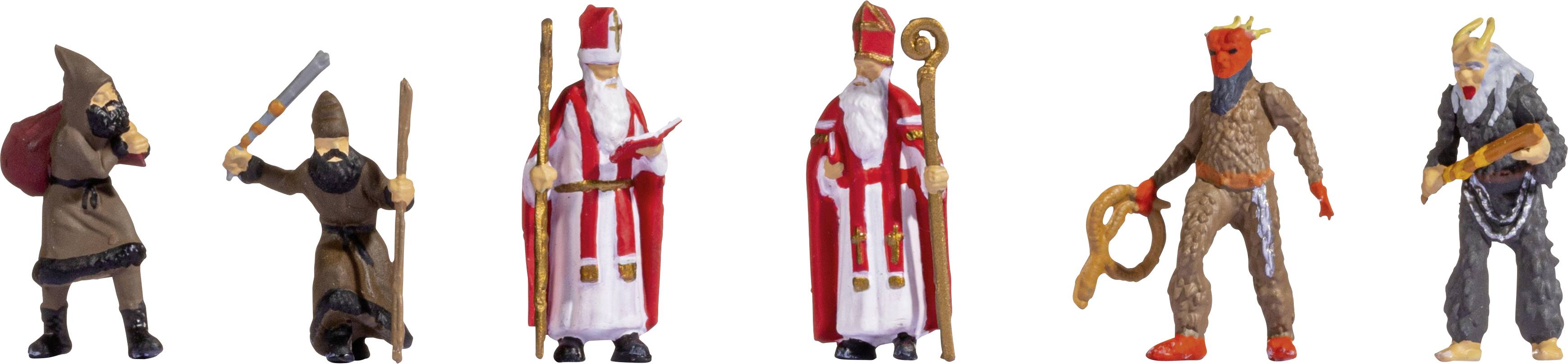 Six different playing pieces: two monks, two bishops, a demon with a rope, and a man with long horns.