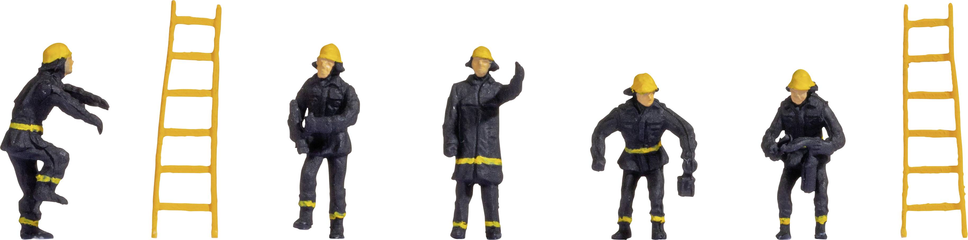 Five firefighters in uniforms and yellow helmets stand between two ladders, some carrying tools or raising their hands.