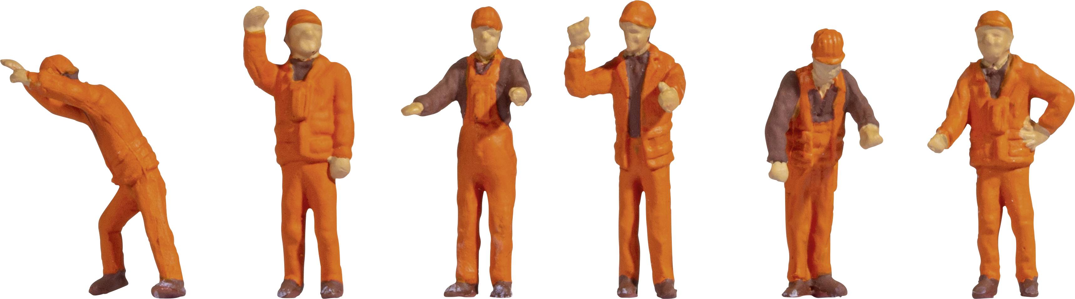 Six miniature figures in orange workwear, positioned in various poses representing different signals or gestures.