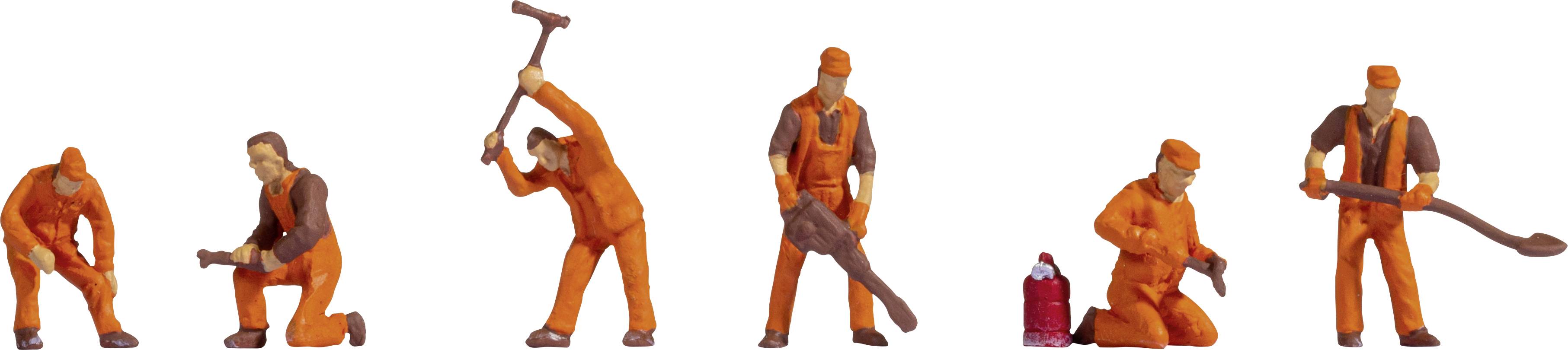 Six miniature construction worker figurines in orange clothing, carrying various tools and working.