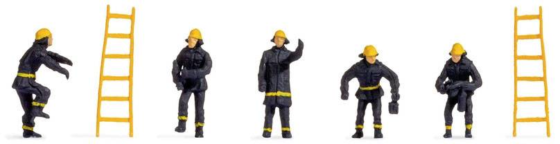 Five small model figurines of firefighters in black uniforms with yellow helmets, with ladders beside them. They are standing in different poses.