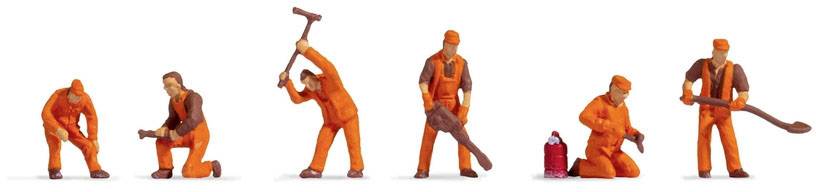 Six miniature figures in orange workwear are carrying out various construction tasks, including digging and hammering.