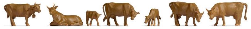 Eight stylised cow figures in various poses, lined up side by side. The figures are coloured brown.