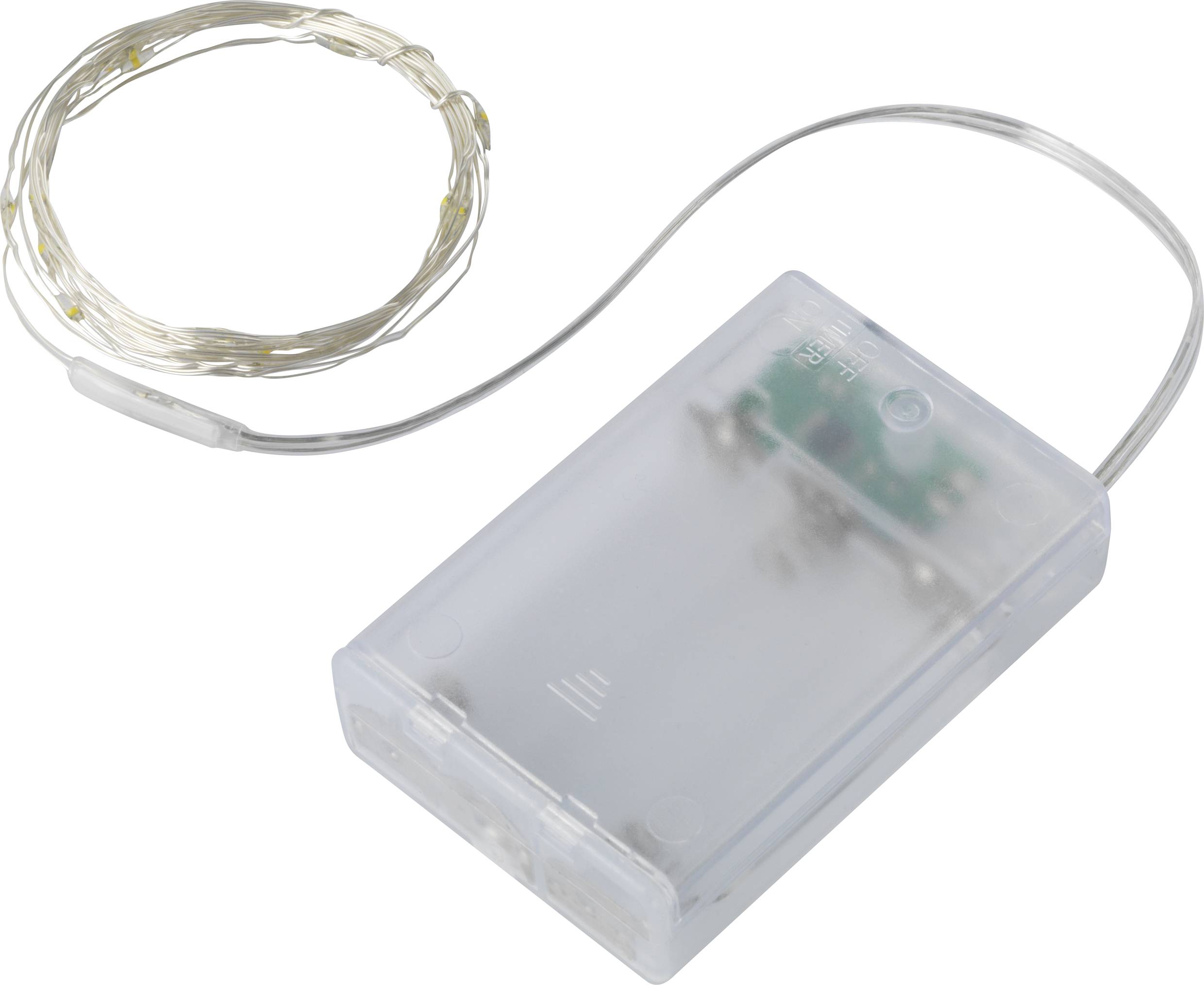 A transparent battery compartment with an attached LED wire arranged in a circular loop.