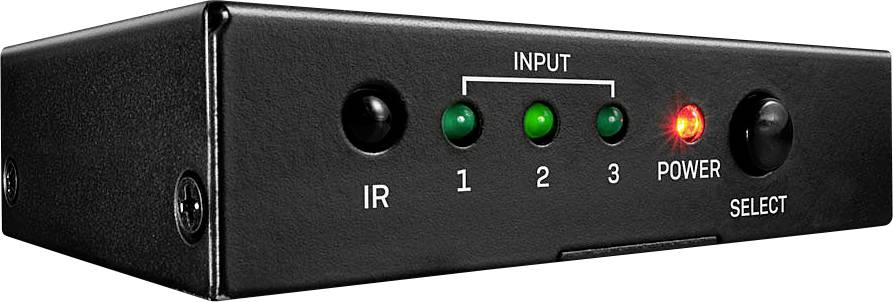 Black switchbox with three green LED input indicators, labelled '1', '2', '3', and a glowing red LED for 'POWER'.