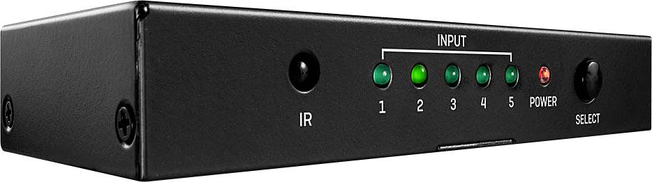A black audio switcher with five illuminated input buttons and a power button. On the left, an IR reception indicator.