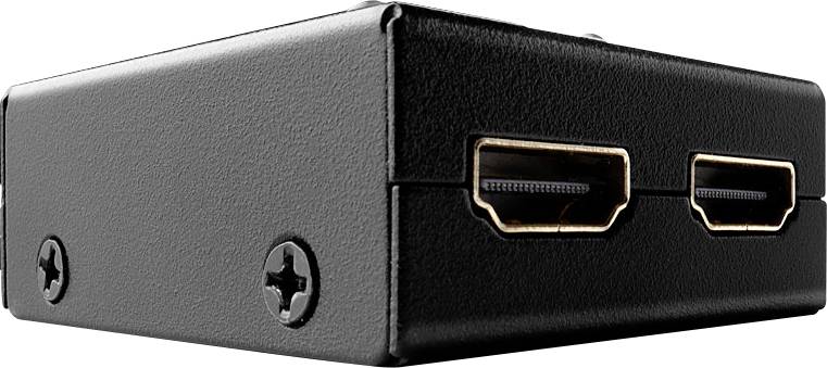 Black HDMI splitter box with two HDMI ports and two screws on the sides, against a white background.