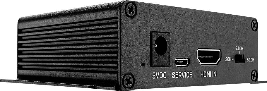 A black electronic device with connections: 5VDC power supply, service mini-USB, HDMI input, and audio switch for 2CH or 5.1CH.
