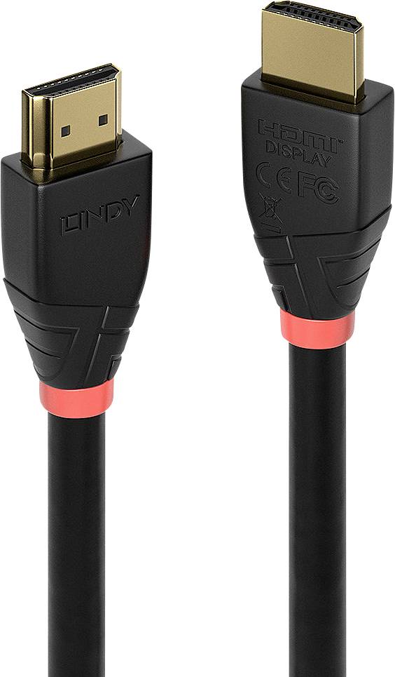 'A black HDMI cable with gold-plated connectors. The connectors are adorned with red accents and labelled with 