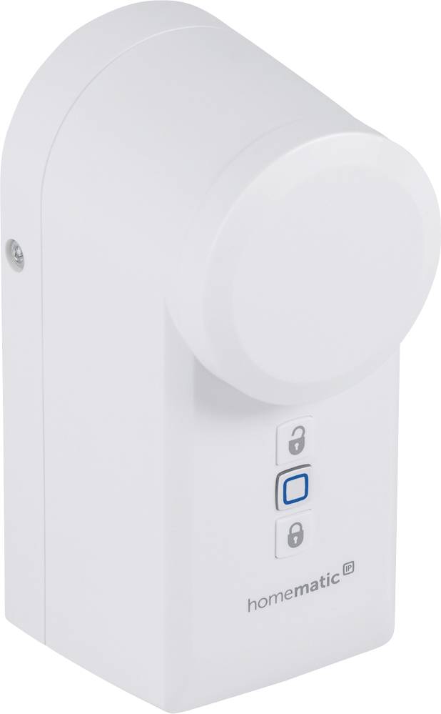 A white, electronic door lock drive with 'Open', 'Close' buttons and a blue connection button; brand name below.