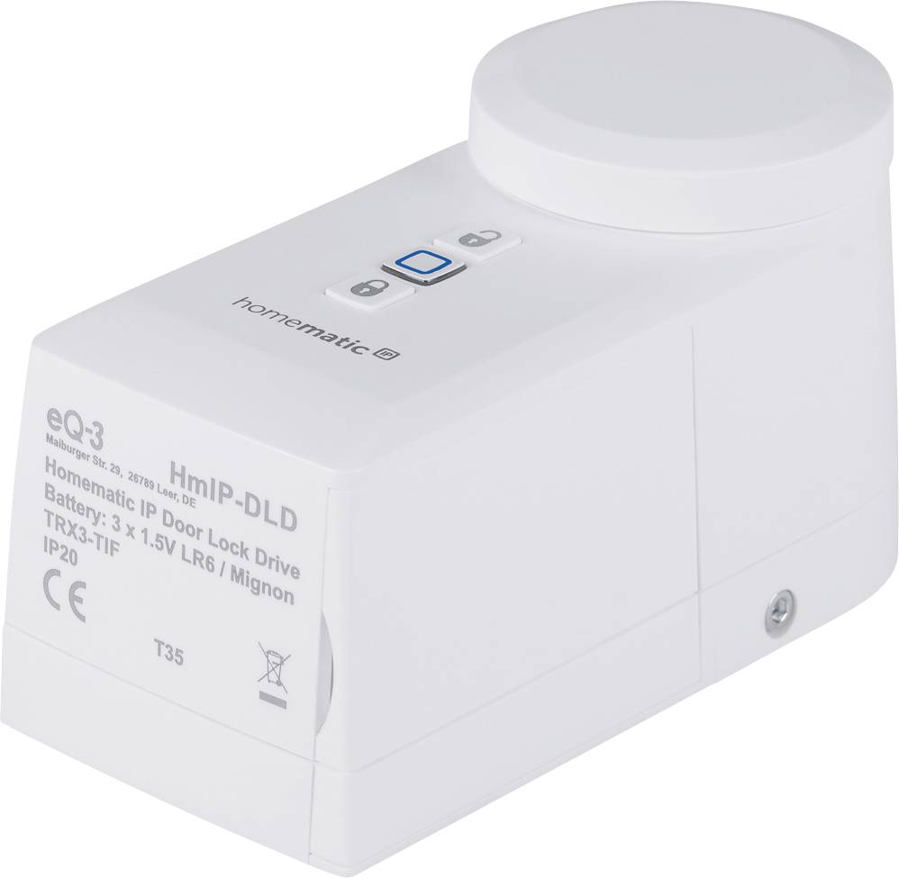 A white, rectangular door lock drive with a blue button on the top surface, printed with 'Homematic IP'.