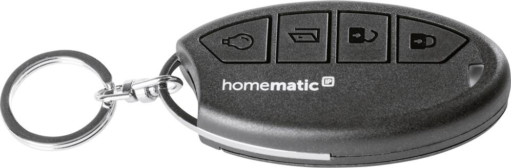 Black remote control with four symbol buttons, including a house and a lock, with 'homematic IP' written next to it. Attached to a keyring.