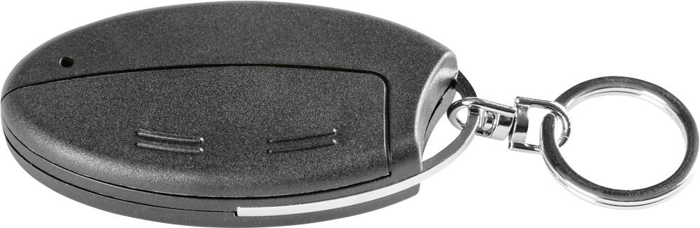 A black, oval key fob with two buttons and a silver key ring.