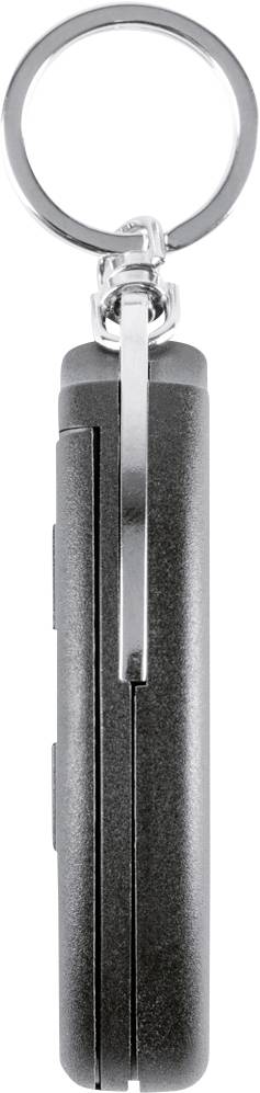 Silver keyring with a black rectangular metal pendant, side view.