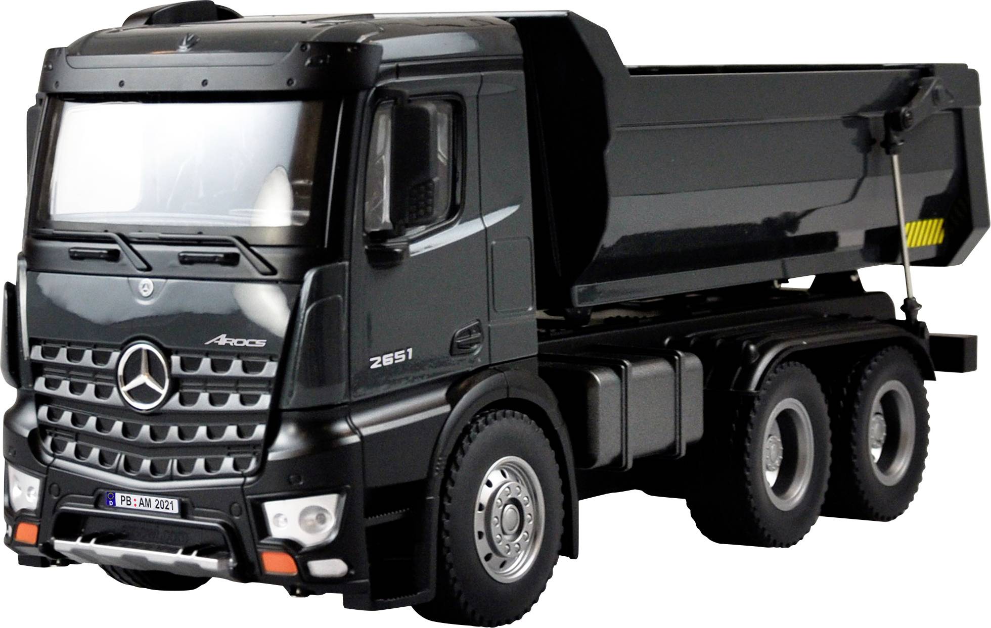 A black lorry with six tyres and an open cargo bed, shown from the side.
