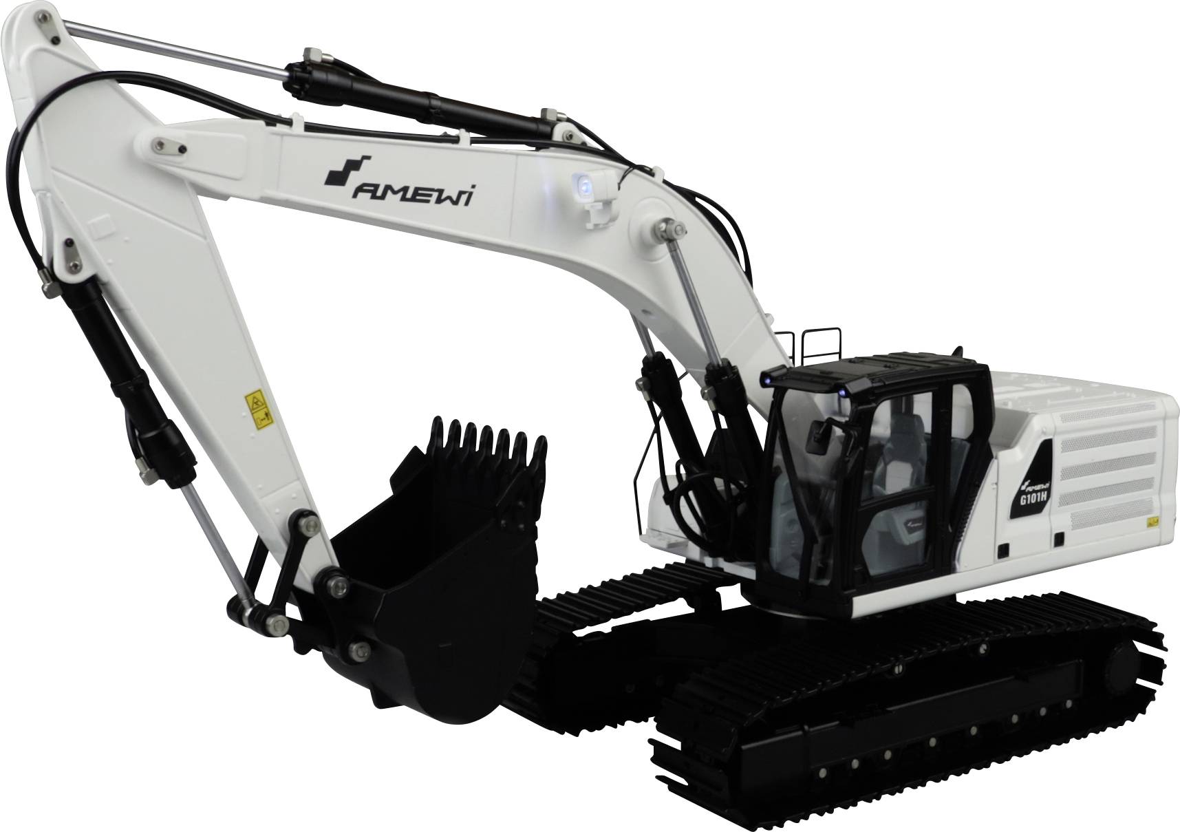 A white excavator with a black track undercarriage is standing sideways. The excavator has a large boom and a loading bucket.