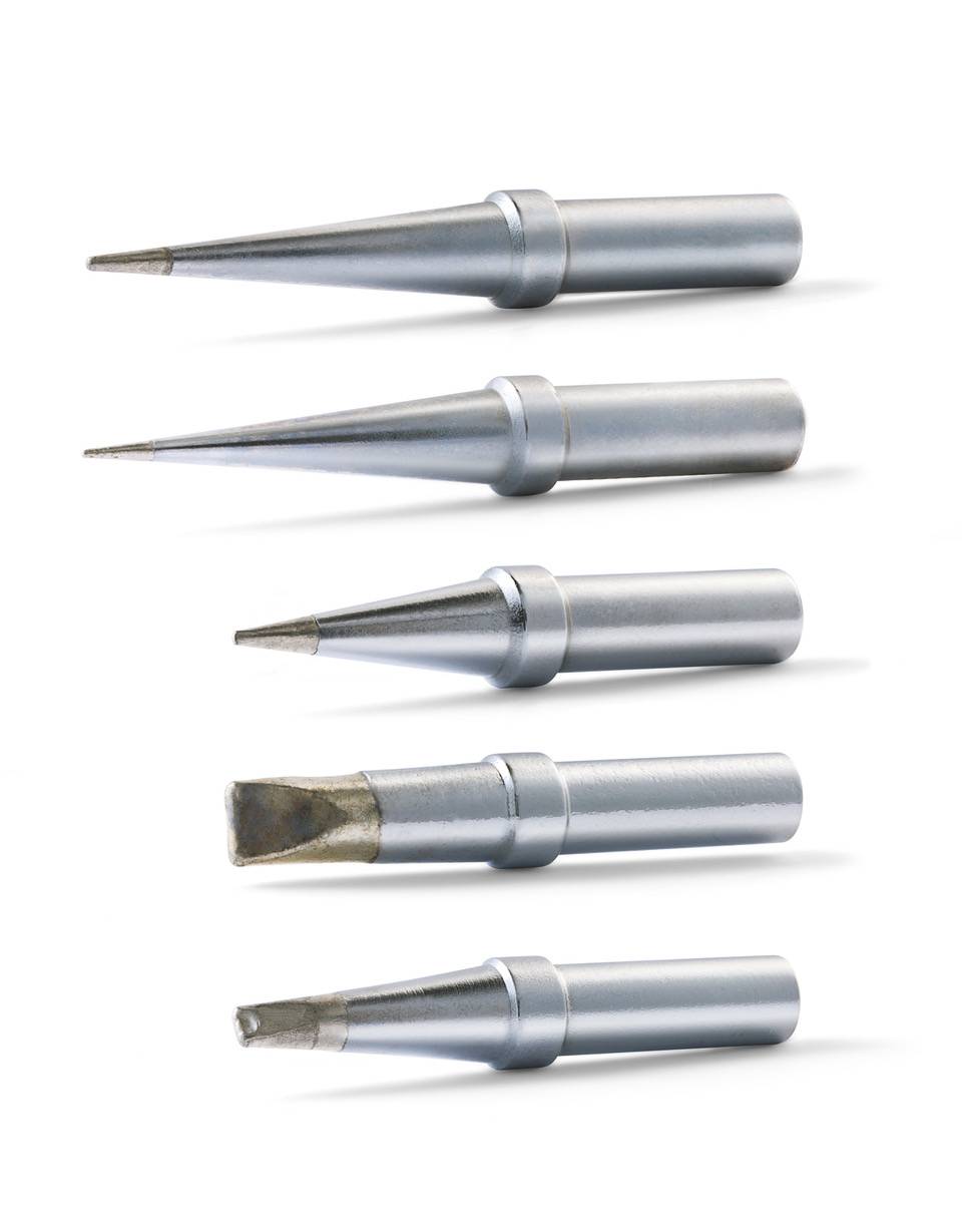 Five different soldering tips in a vertical row. Varied shapes for specific soldering requirements.