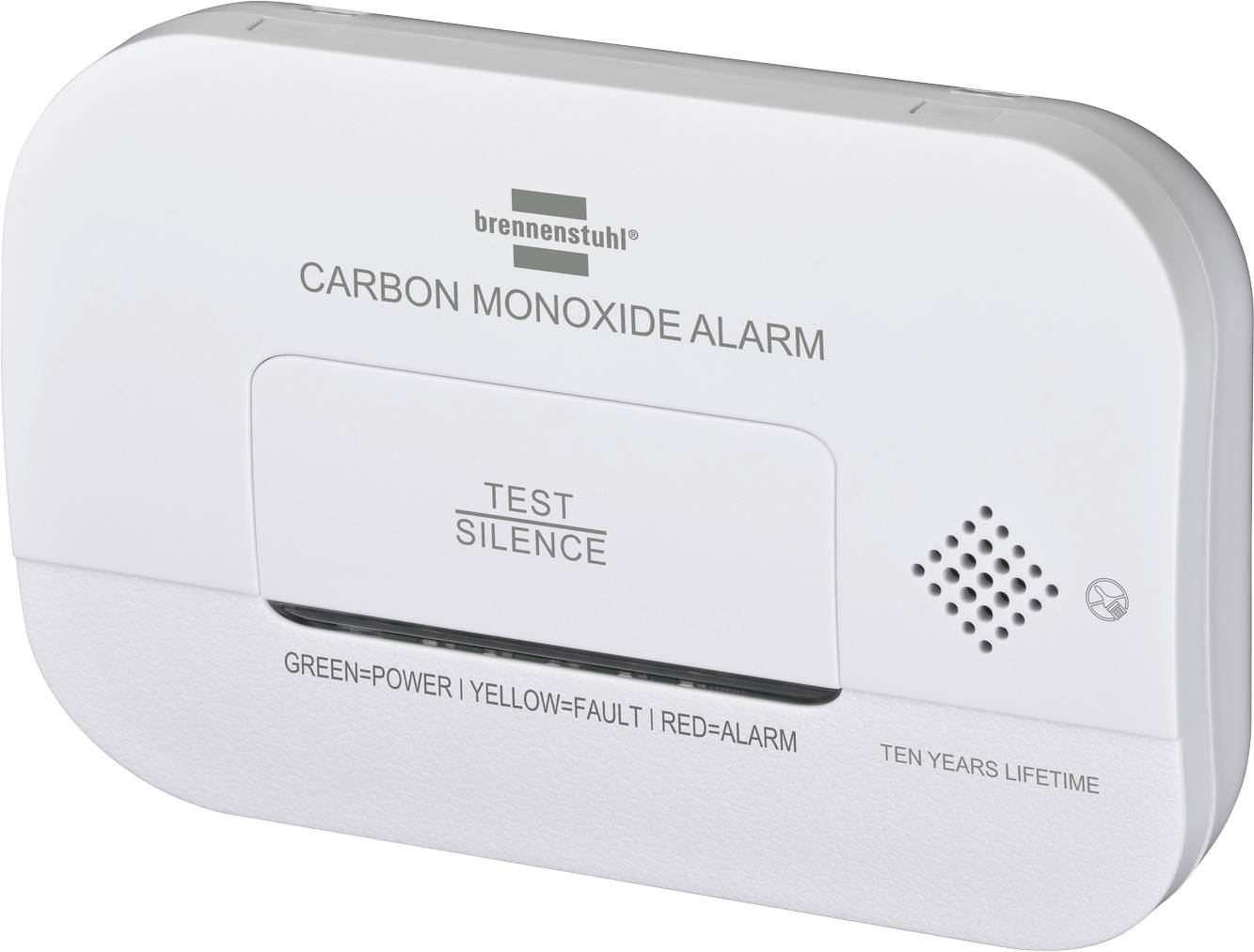 White Brennenstuhl carbon monoxide alarm with 'TEST/SILENCE' button, speaker grille, and indicator labels for green power, yellow fault, and red alarm.