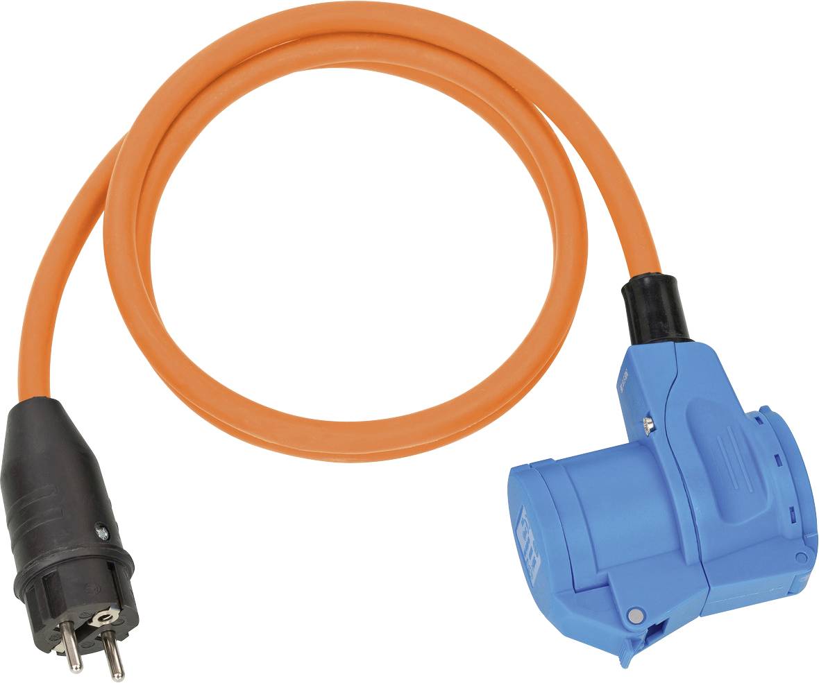 Orange electrical power cable with a black two-prong plug on one end and a blue industrial connector on the other.