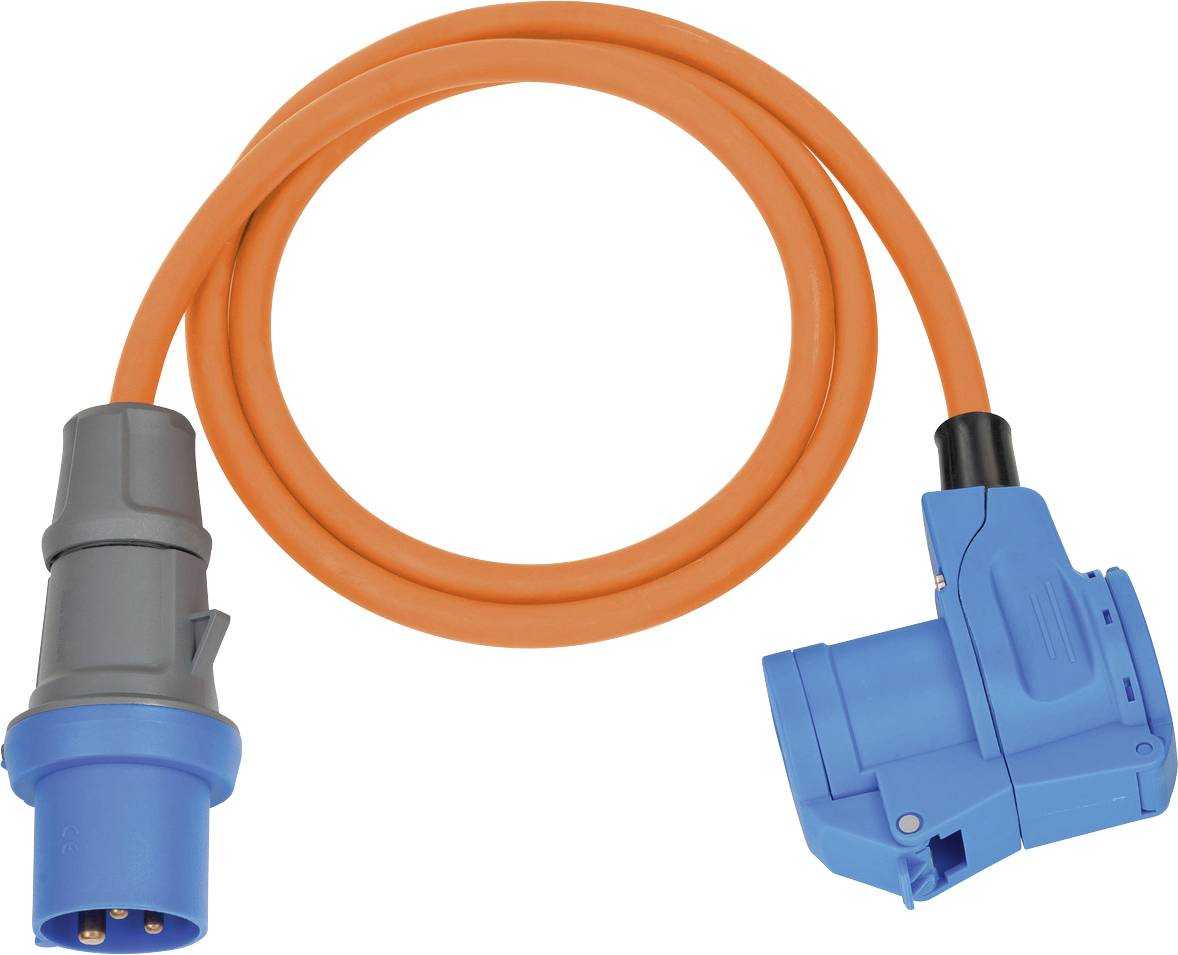 Orange power cable with blue industrial connectors on both ends, shown against a white background.