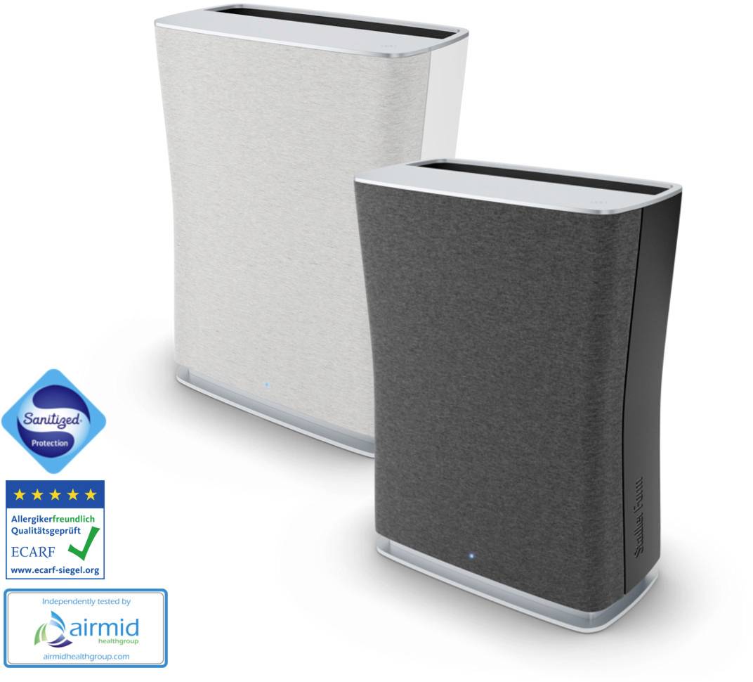 Air purifier next to an image with a red virus symbol. Text in the image: 'Removes 99.3% of all SARS-COV-2 that cause COVID-19'.