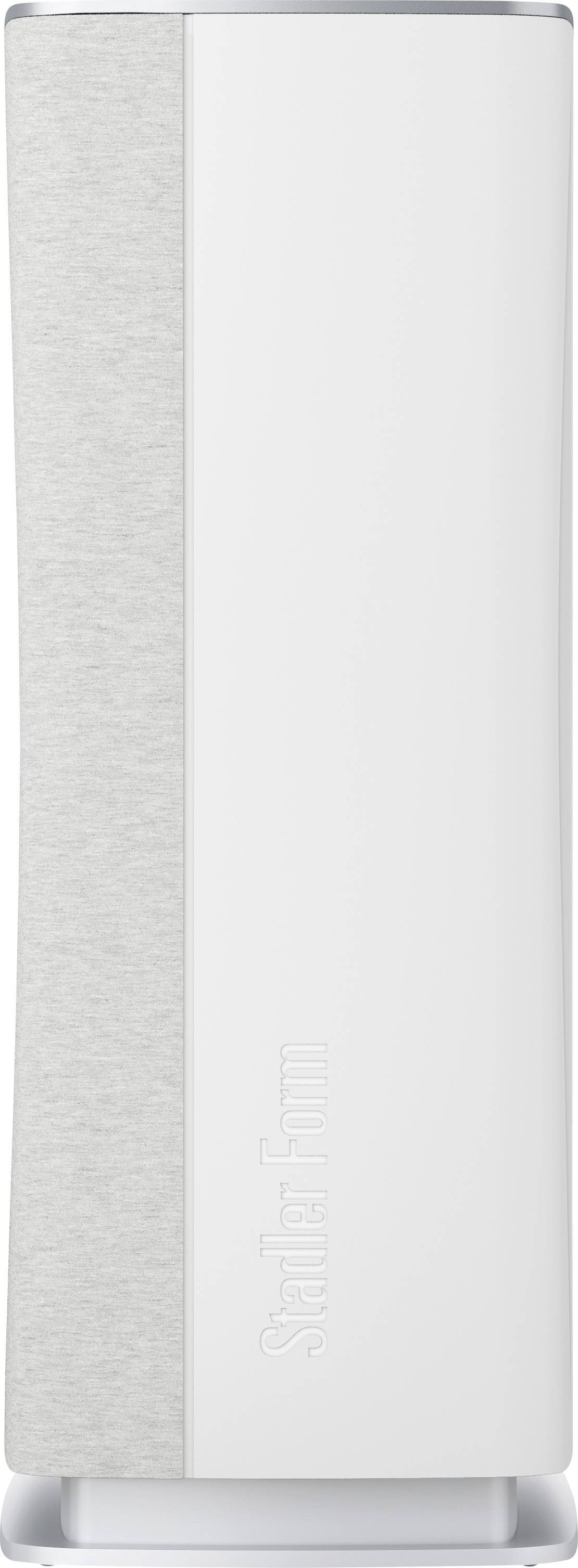 A white, tower-shaped speaker with a grey fabric panel on the side. The inscription 'Stellar Form' is engraved.