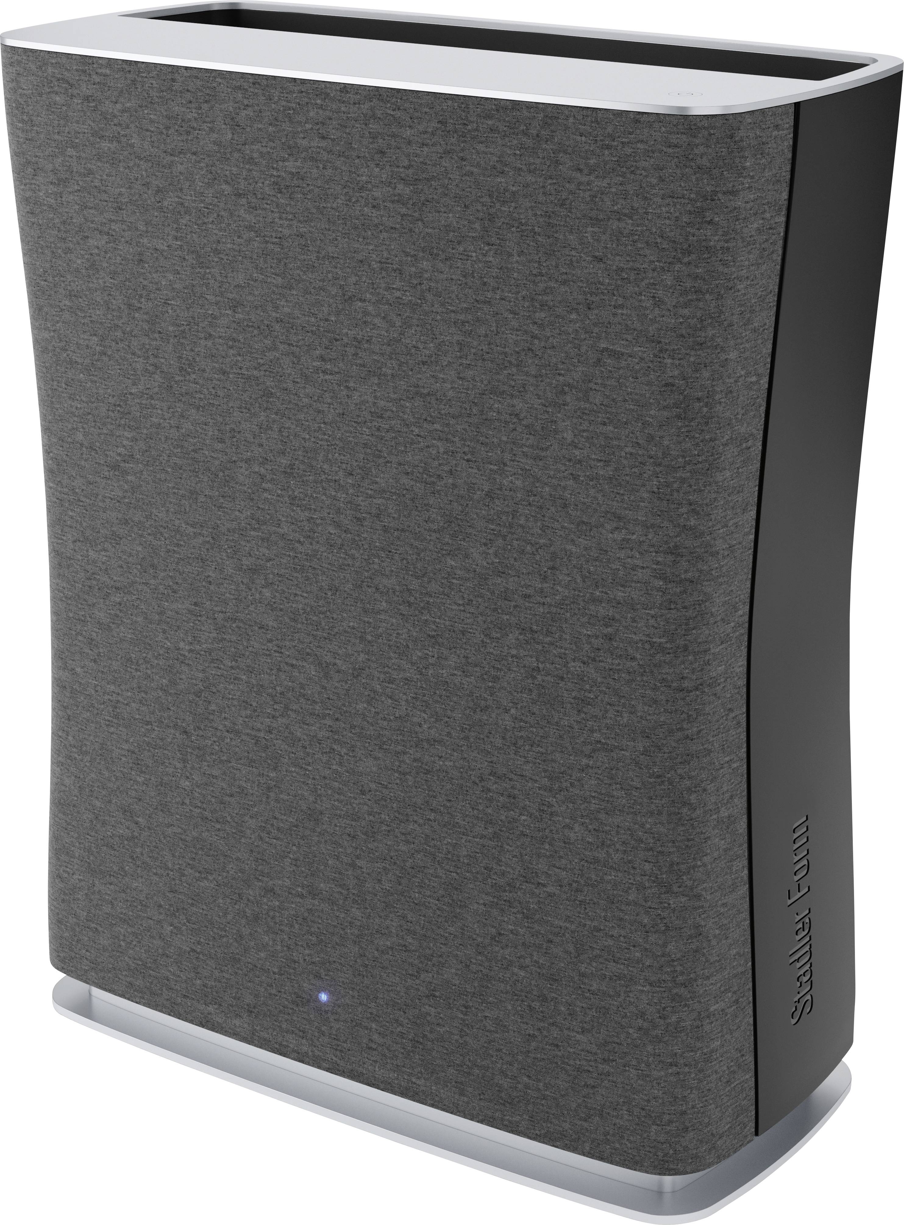 Air purifier with a dark grey fabric cover and blue indicator light on the underside. Elegant, modern design.