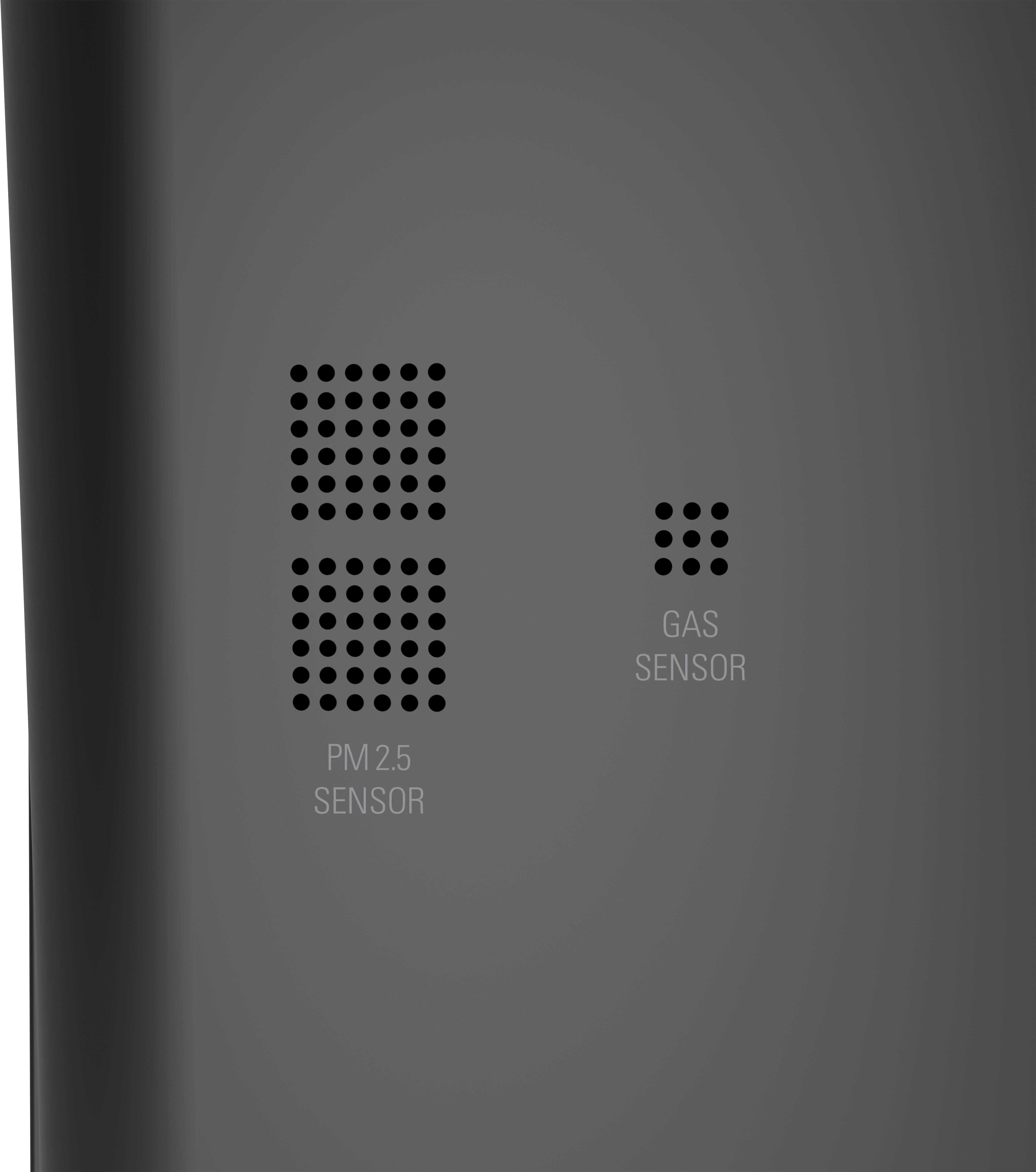 Air quality device with labels for 'PM2.5 Sensor' and 'Gas Sensor', indicating sensor recesses.