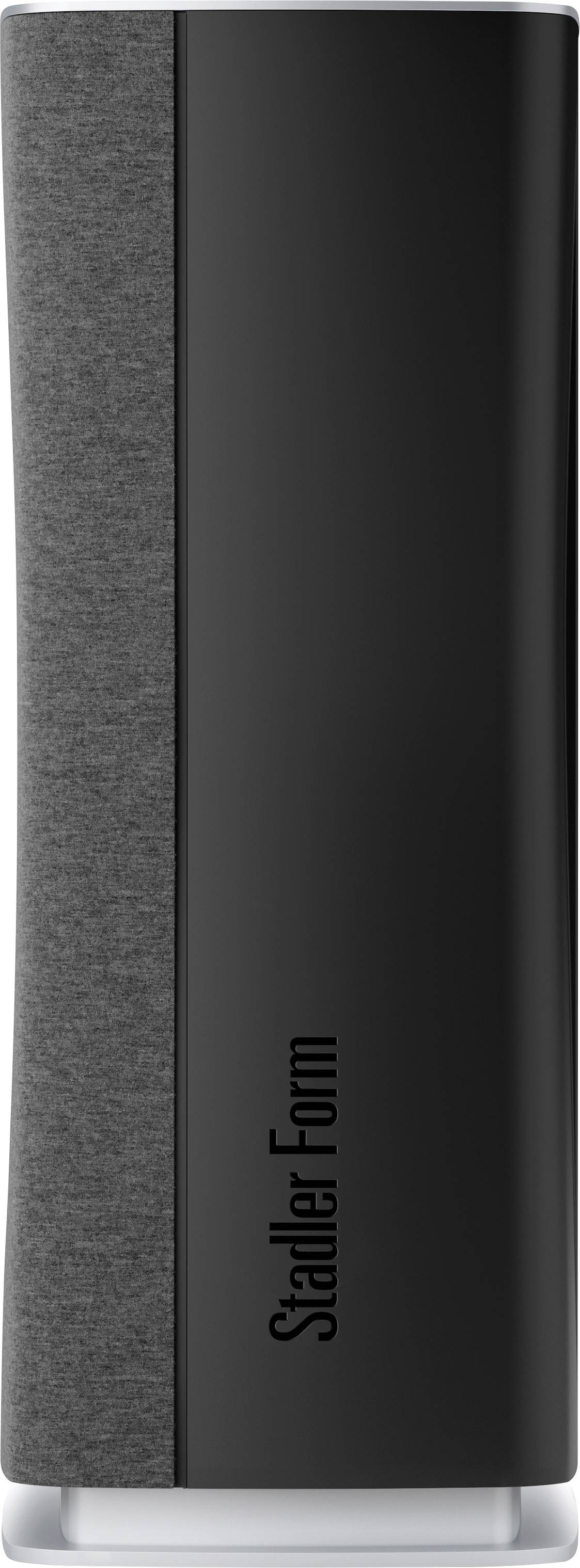 Air purifier with a sleek, modern design. On the left, a fabric surface, on the right a smooth material. The brand name 'Stadler Form' is visible.