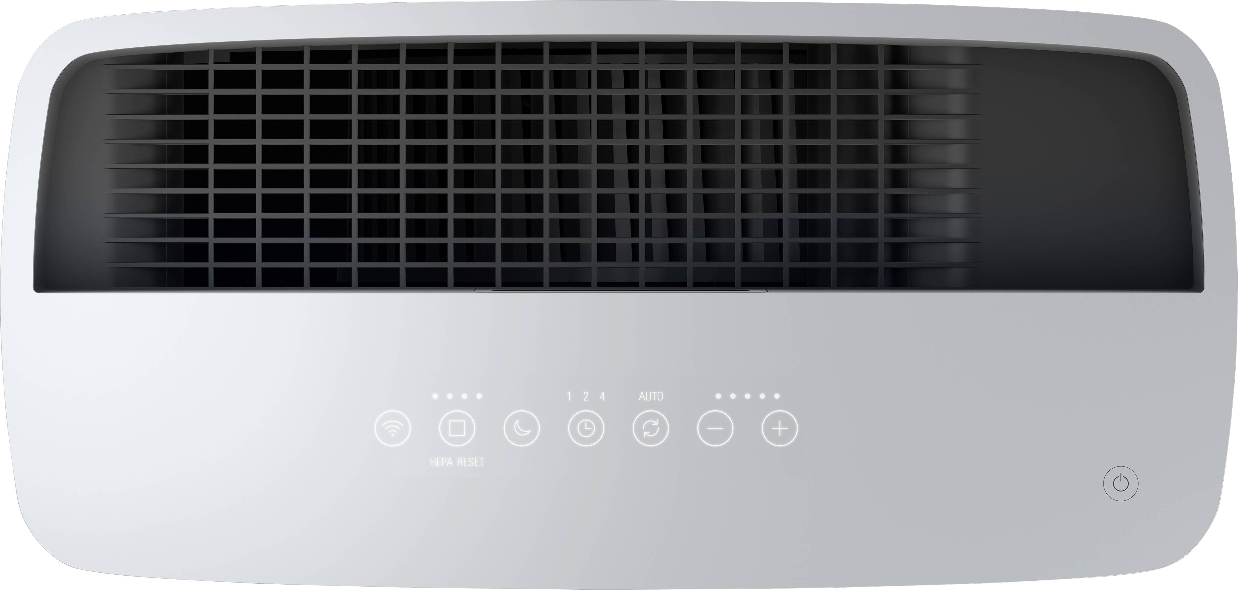 Air purifier viewed from above with control panel and air outlet grille. Buttons for modes and fan speed are visible.