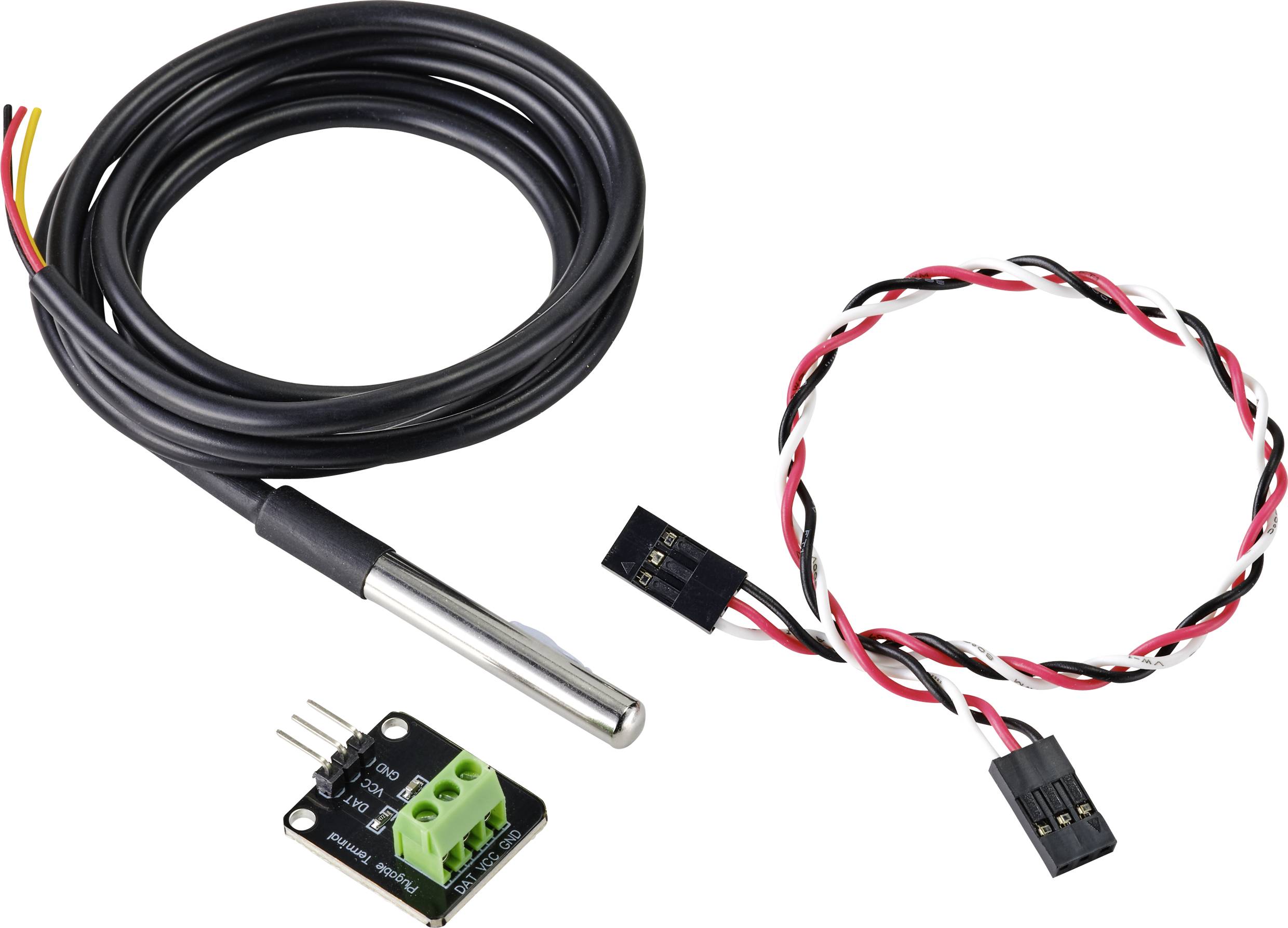 A temperature sensor set with a long black cable, metal probe, mounting circuit board and additional red and white cable.