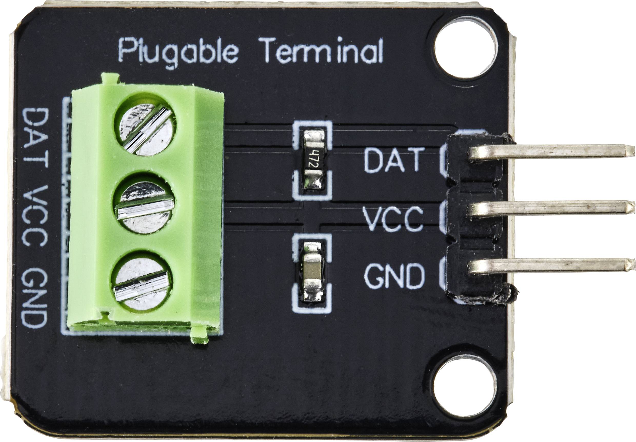 Electronic module with green connector block and three pins, labelled 'DAT', 'VCC', 'GND', for data transmission and power supply.