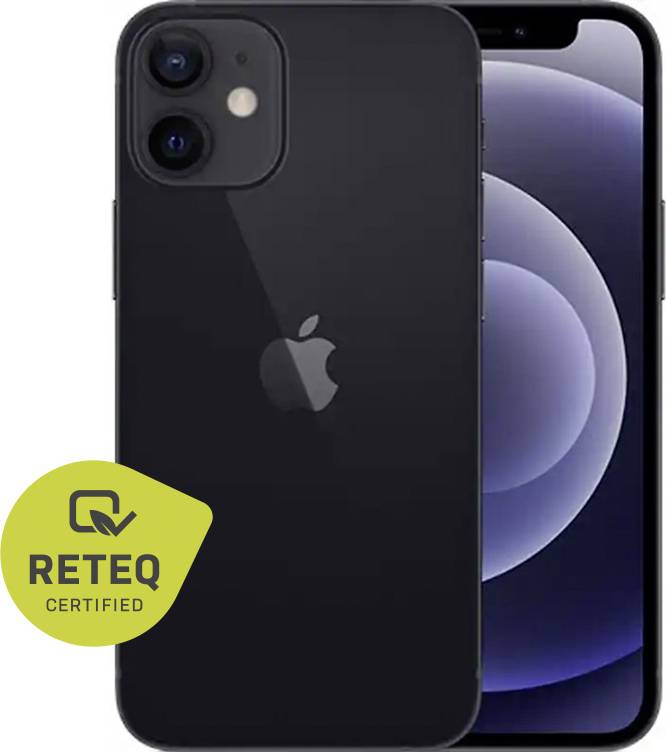 Black iPhone shown front and back, with dual rear cameras and 'RETEQ CERTIFIED' badge in the lower left.