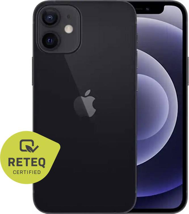 Black iPhone shown front and back, with dual rear cameras and a 'RETEQ CERTIFIED' badge.