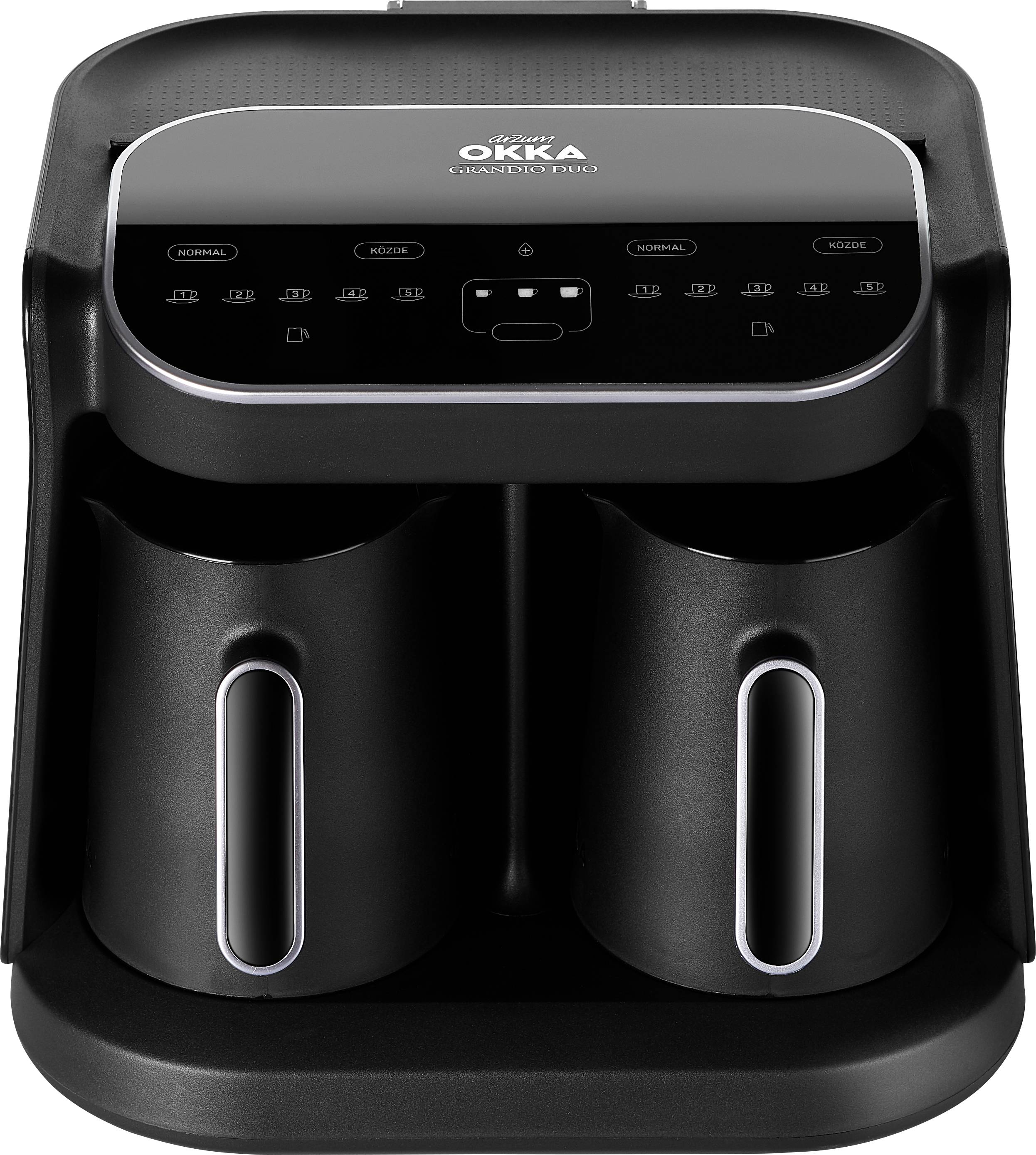 A modern, black coffee machine with two coffee carafes and a touch control panel for easy brewing of coffee.