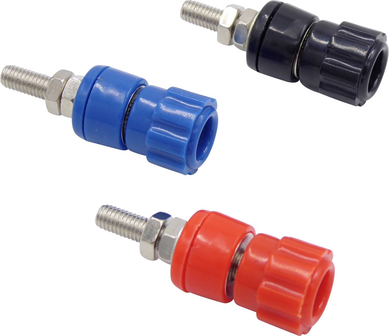 Three coloured banana plugs (black, blue, red) with metal threading for secure electrical device connection.