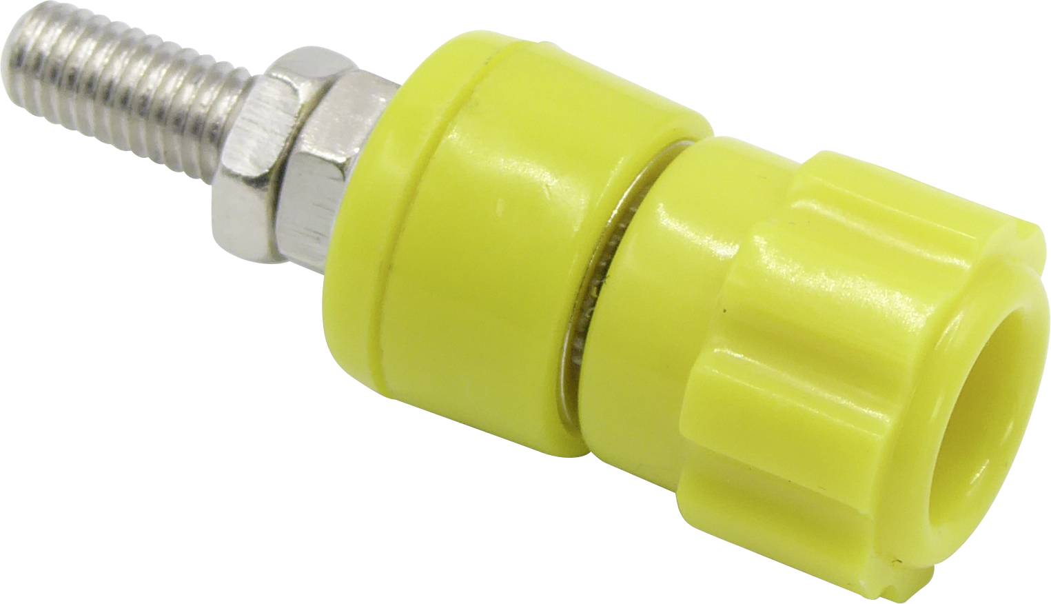 A yellow, cylindrical connector with a metal screw, used in mechanical or electronic connections.