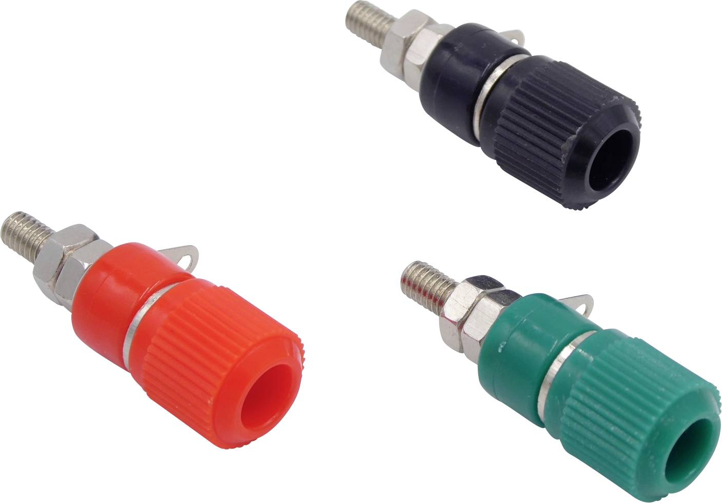 Three coloured banana plugs in Black, Red and Green.