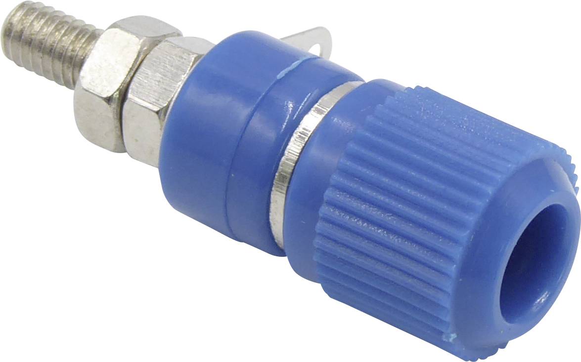 A blue banana plug with a ribbed plastic cap and metal thread. Used for electrical connections.