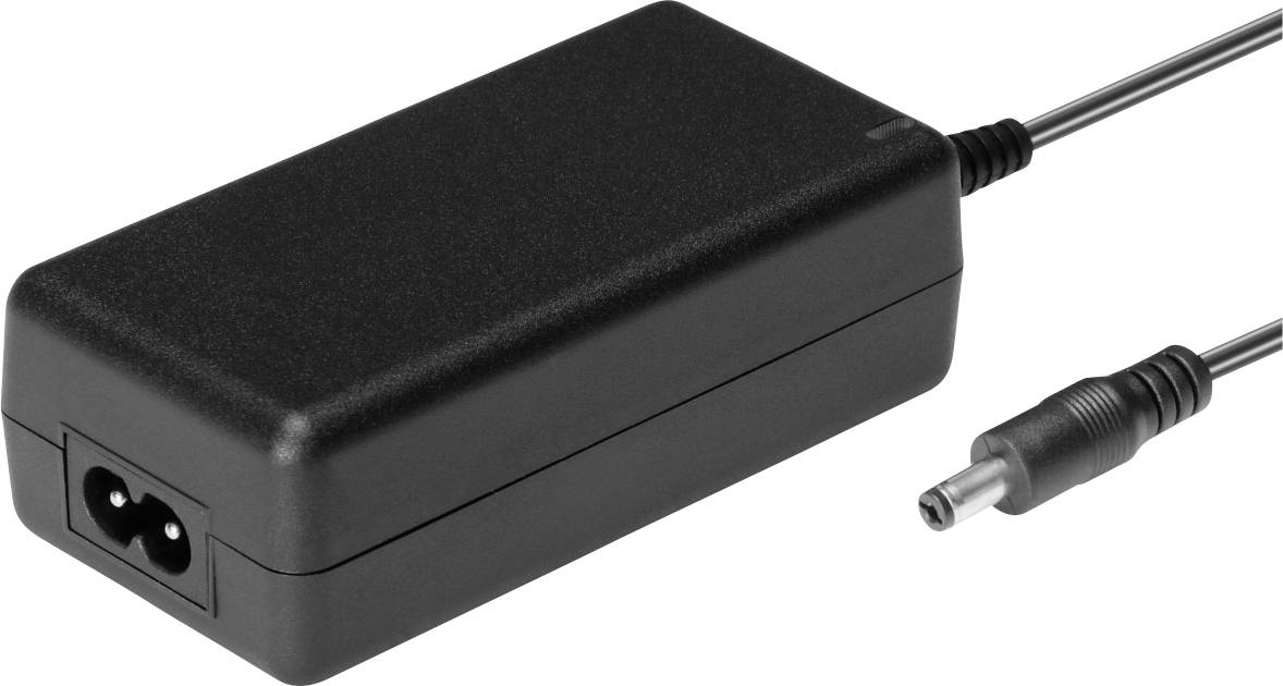 Black glossy laptop power adapter with two cables. One cable has a two-pin plug, the other a cylindrical connector.