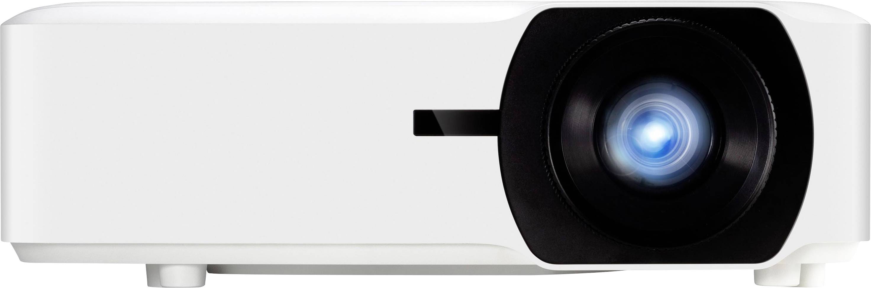 A white projector shows a bright lens on the right side.