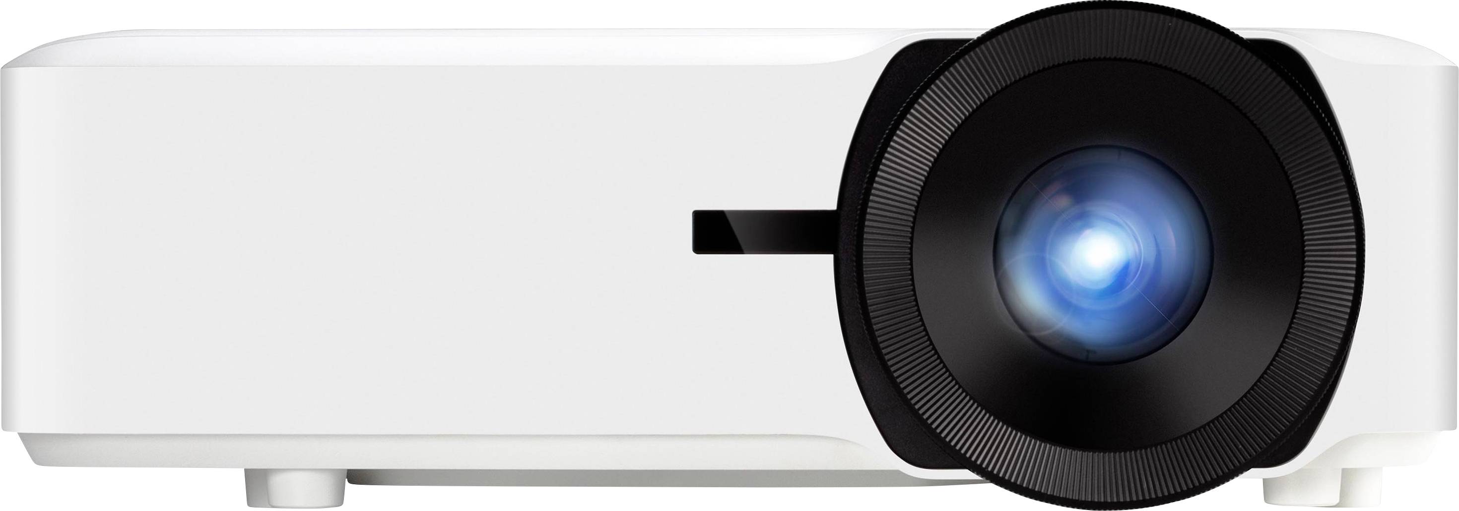 A white projector with a light blue lens emitting light, photographed from the front.